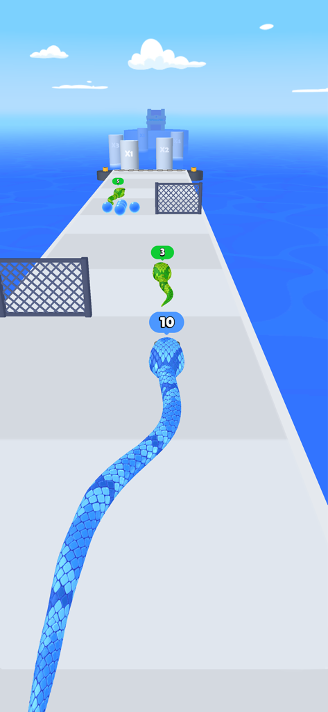 Snake Run Race・3D Running Game - A blue snake slithering on a 3D track over the ocean towards green snakes in a running game