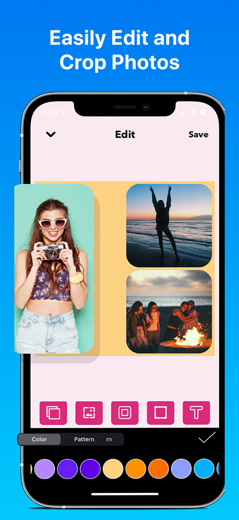 PicMerger Edit Pics & Collages - Mobile app interface for editing and cropping photos in a collage layout