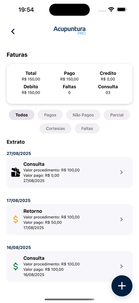 Acupuntura Pro - Interfaz de la aplicación Acupuntura Pro que muestra facturas financieras y estados de consulta para los practicantes