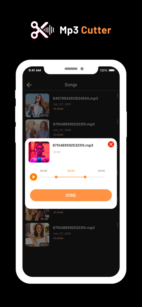 Interface de l'application MP3 Cutter sur iPhone montrant l'outil de découpage audio et la liste des chansons
