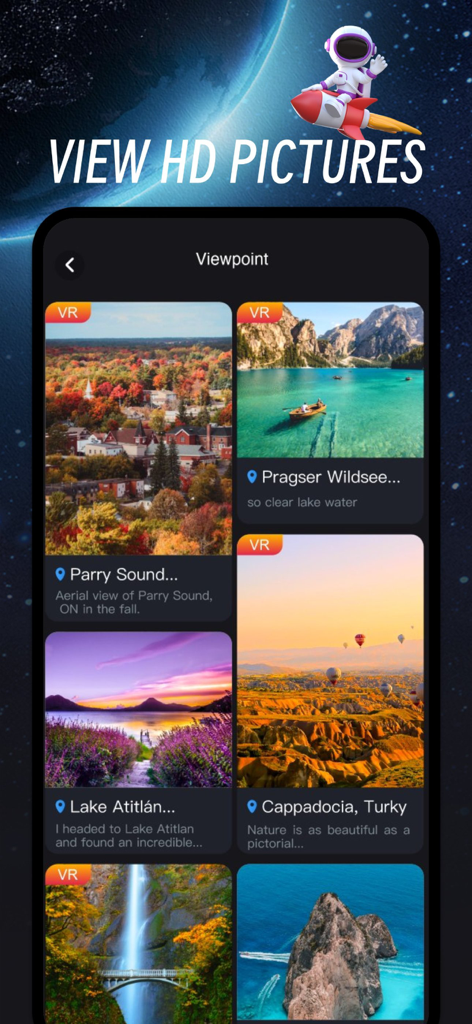 3D World Map VR - A smartphone screen displaying a gallery of high-definition VR viewpoints of scenic global travel destinations