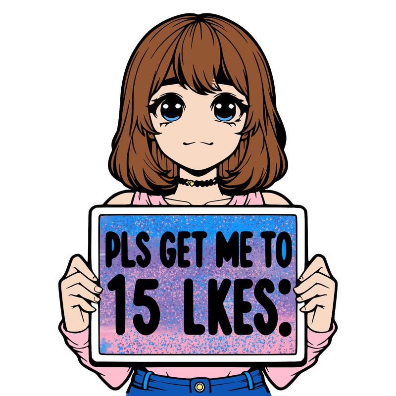 realistic girl holding up a sign that says “pls get me to 15 likes!”
