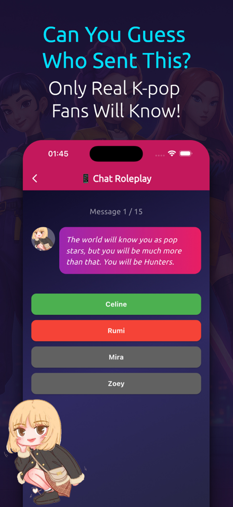 Kpop Idol PopQuiz - Una captura de pantalla de la aplicación Kpop Idol PopQuiz que muestra un desafío de trivia de rol de chat donde los jugadores adivinan qué ídolo envió un mensaje.