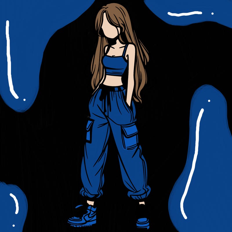 girl in baggy pants crop top and long hair