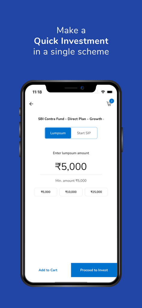 SBI Mutual Fund - InvesTap - A mobile screenshot of the SBI Mutual Fund InvesTap app displaying a quick investment interface for lumpsum or SIP contributions.