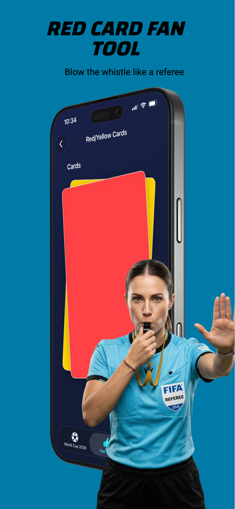 World Cup 2026 Schedule - 2026 월드컵 앱의 레드카드 팬 도구 화면에서 심판이 호루라기를 부는 모습