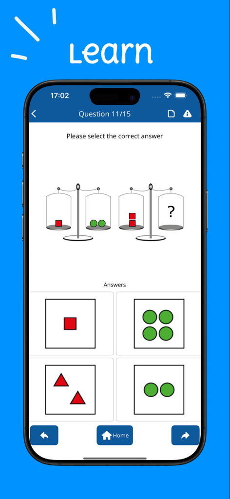Logic puzzle screen from the WISC-V Test Practice Pro mobile app showing balance scales with geometric shapes.