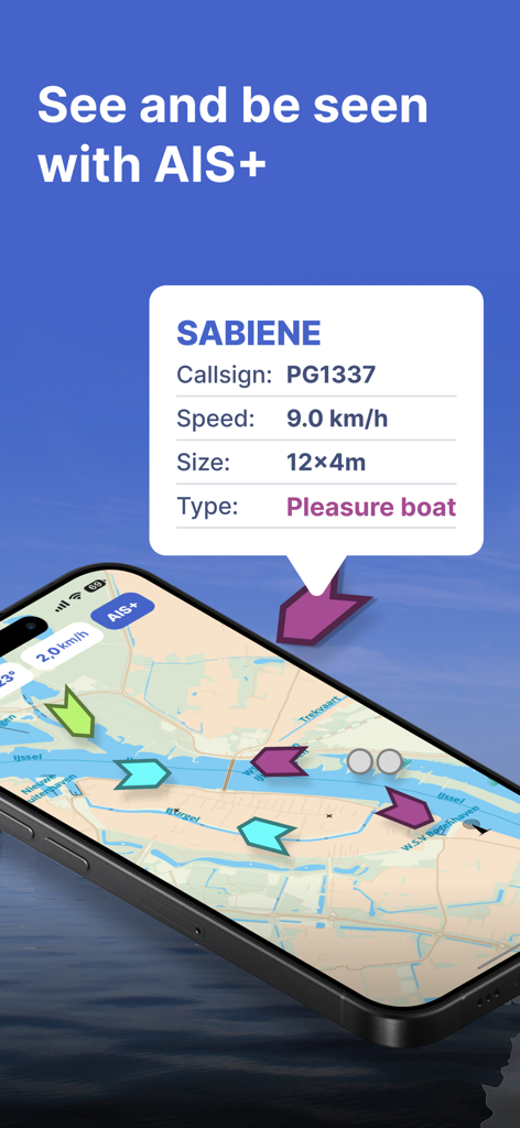 Smartphone zeigt die AIS Plus-Schiffsverfolgungsfunktion auf einer Seekarte in der Waterkaarten-App an