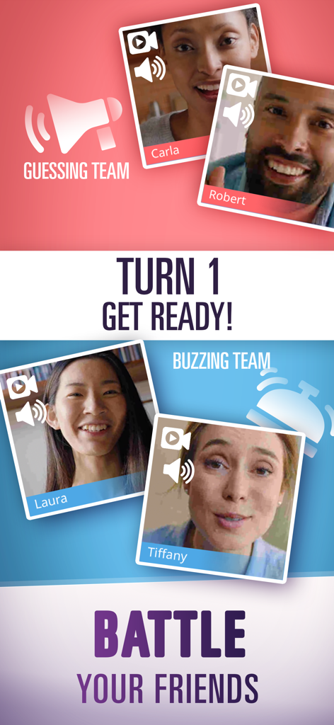 Interface of Taboo mobile app showing two teams competing via integrated video chat