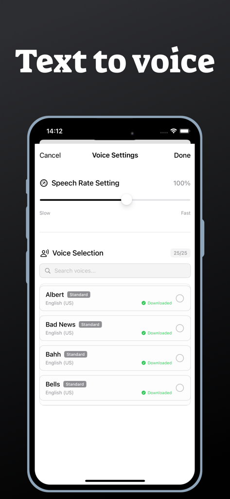 Voice settings screen in the Deaf Transcribe Assistant app showing a speech rate slider and a list of text to speech voices like Albert and Bells.
