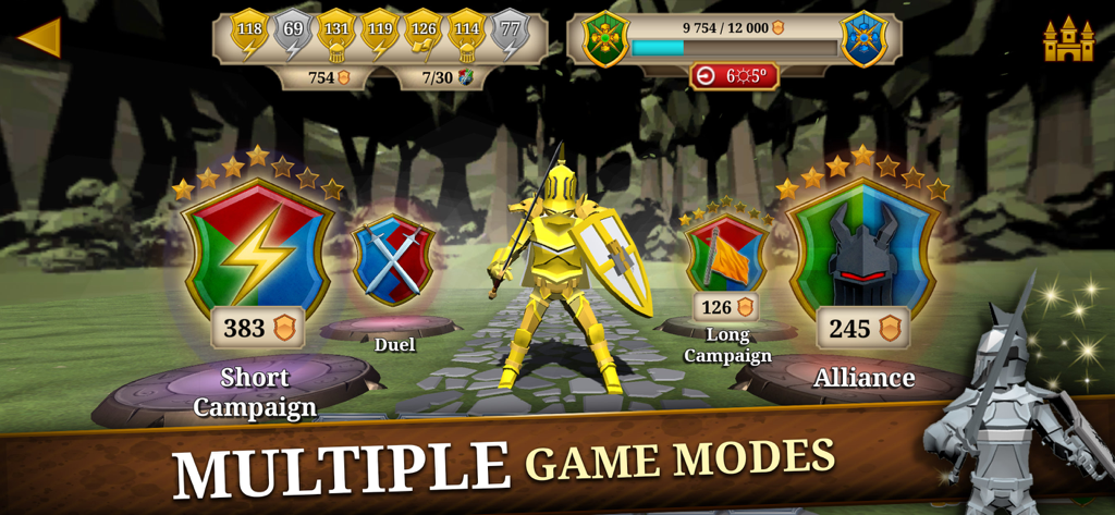 Triviador mobile game screen displaying multiple game modes including Short Campaign, Duel, and Alliance.