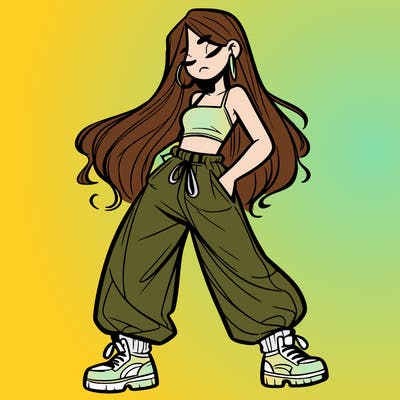 girl in baggy pants crop top and long hair