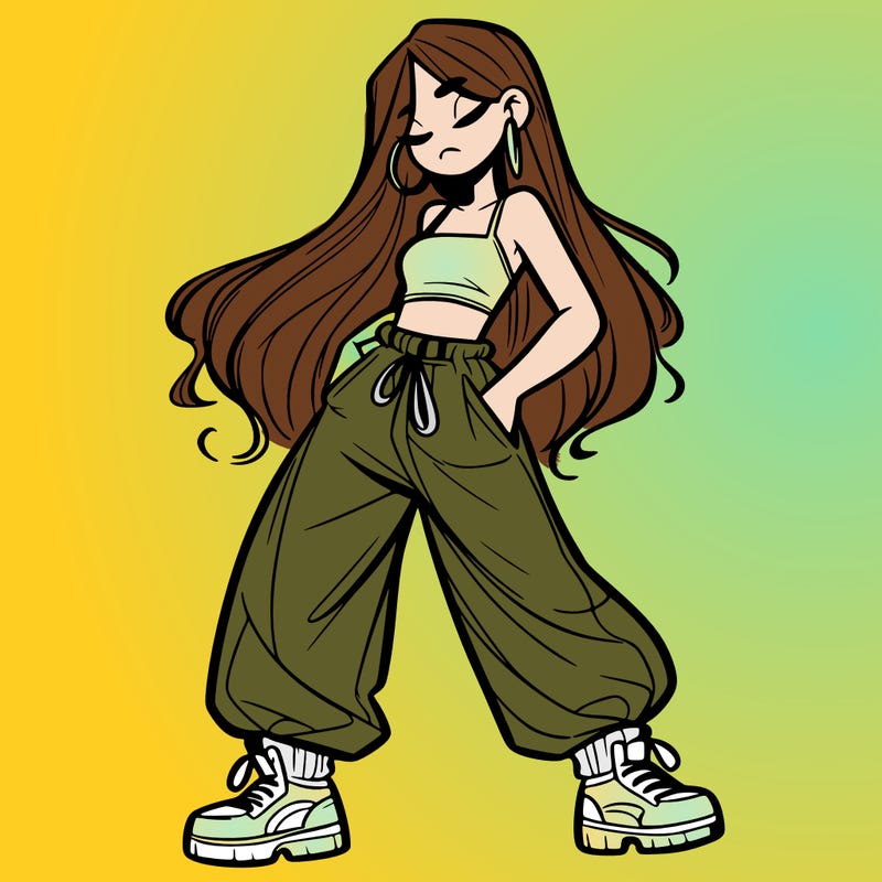 girl in baggy pants crop top and long hair