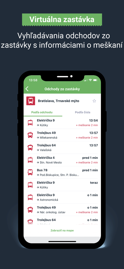 Capture d'écran de l'application Ubian montrant les départs en temps réel de tramways et trolleybus avec des informations sur les retards à Bratislava.