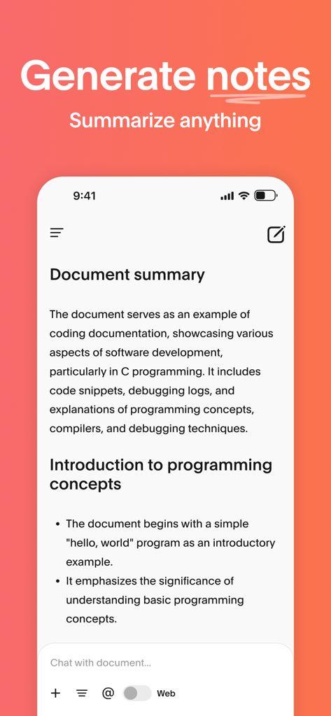 Atlas: AI Study Companion - Captura de tela do aplicativo Atlas AI Study Companion mostrando um resumo de documento e notas gerados por IA.