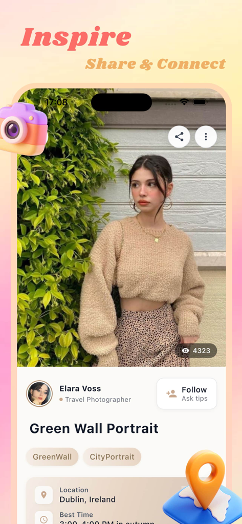Rushe - Screenshot of Rushe app showing a travel photographer profile with a portrait taken in Dublin Ireland.