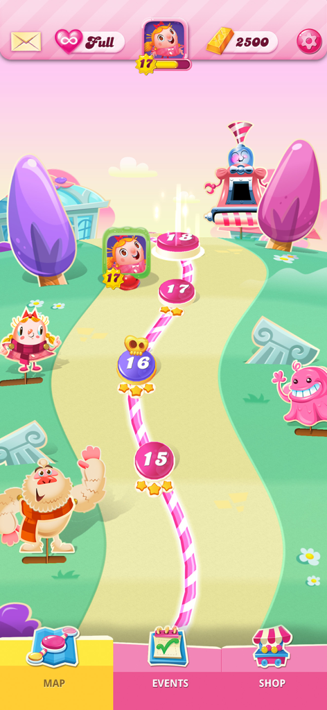 A colorful game map in Candy Crush Saga showing level progression markers and whimsical characters.