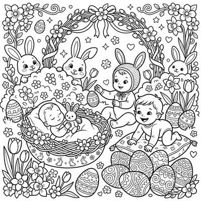 Dive into a heartwarming Easter celebration with this charming coloring page featuring sweet infants and playful bunnies. Perfect for bringing joy and vibrant colors to the festive season.