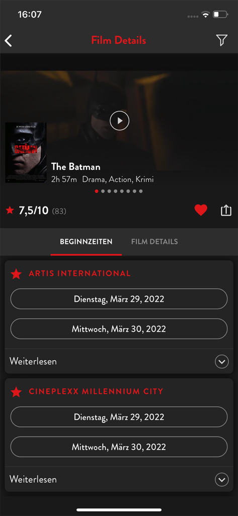 Écran montrant les détails du film et les horaires des séances de cinéma dans l'application Cineplexx AT