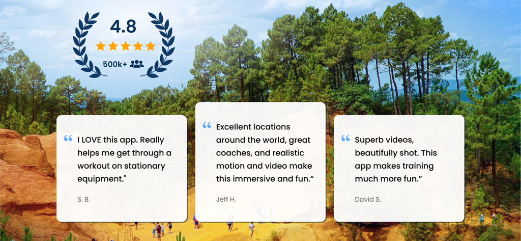 BitGym app user testimonials with a 4.8 star rating over a scenic forest and trail background