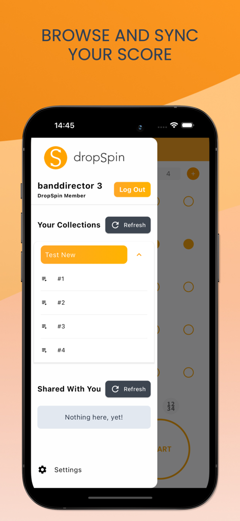 DropSpin Metronome - DropSpin Metronome app interface showing the collections menu for browsing and syncing musical scores