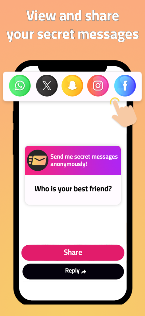 TwetLink - anonymous messages - Interface of the TwetLink app showing a secret message card and social media sharing icons