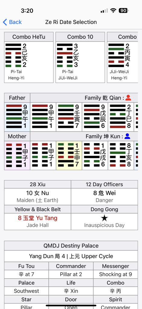Technical Ze Ri Date Selection dashboard in the Feng Shui Master app showing hexagrams and astrological calculations