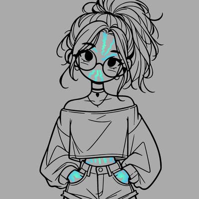 girl with a messy ponytail glasses a baggy crop top and jean shorts