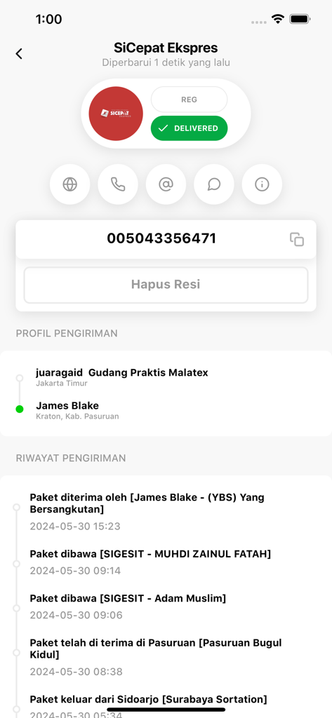Kiriman: Cek Resi & Ongkir - Detailed tracking status of a SiCepat Ekspres package marked as delivered in the Kiriman app interface