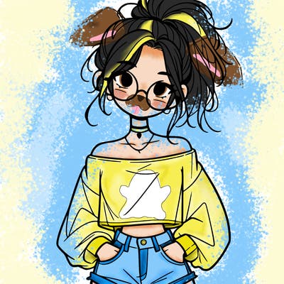 girl with a messy ponytail glasses a baggy crop top and jean shorts