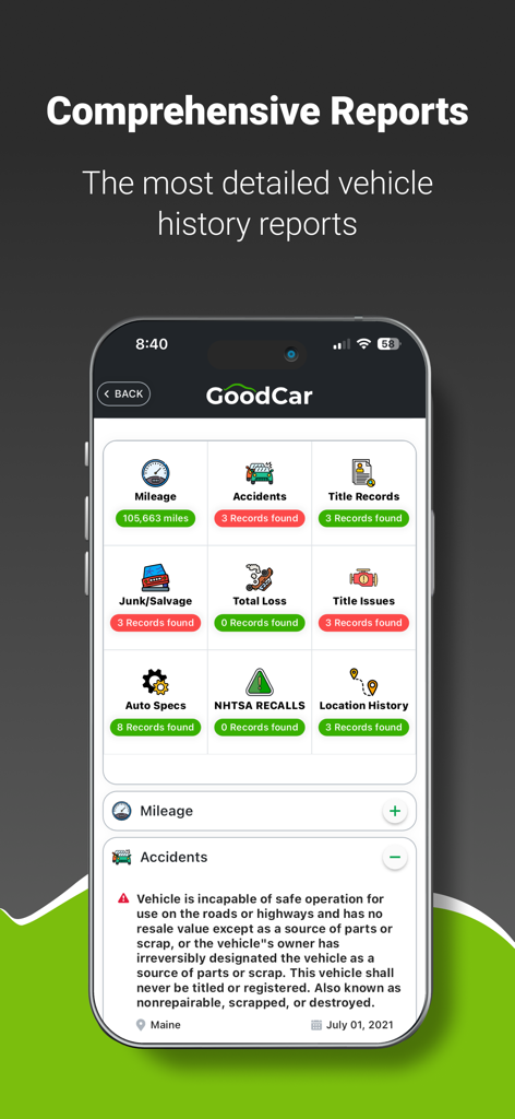 GOODCAR: Vehicle History Check - GoodCar app interface showing a comprehensive vehicle history report with accident and title records.