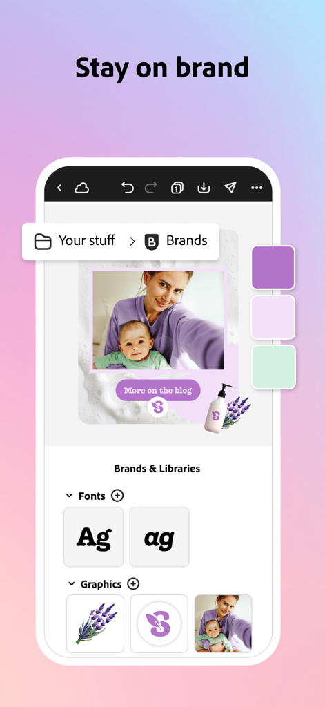 Écran de l'application Adobe Express montrant des outils de branding tels que des polices, des couleurs et des graphiques pour la cohérence de l'entreprise