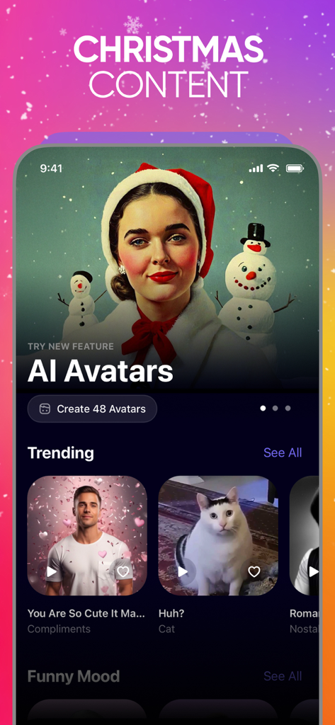 Revive: AI Face Photo Animator - Interface do aplicativo Revive mostrando avatares de IA com tema de Natal e modelos populares de animação facial