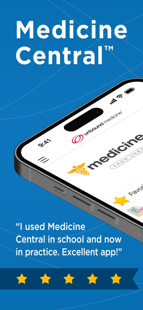 Medicine Central - Medicine Central app on a smartphone showing a five star rating and a professional user testimonial