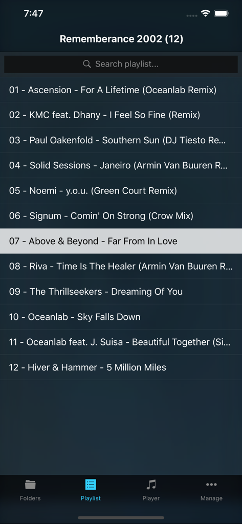 A screenshot of the MusicFolder 2 app showing a playlist of music tracks organized by folder structure