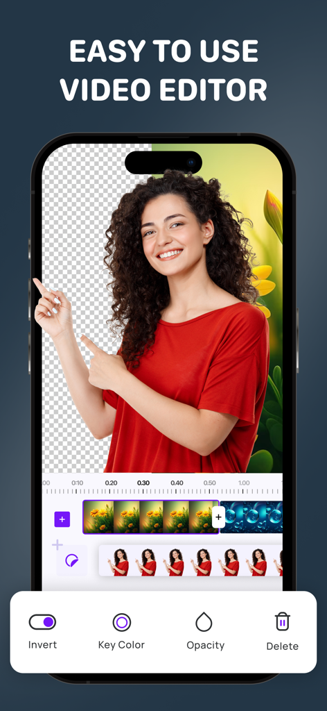 Pantalla de smartphone que muestra la interfaz de la aplicación de edición de video con una mujer con camisa roja usando las herramientas de eliminación de fondo y croma.