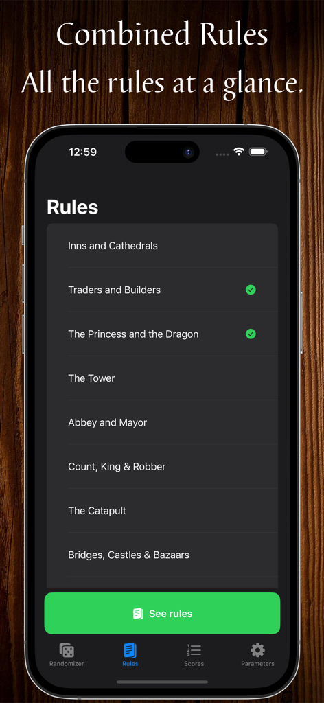 Cassonade - Cassonade app interface showing a list of selected Carcassonne expansions for viewing combined rules