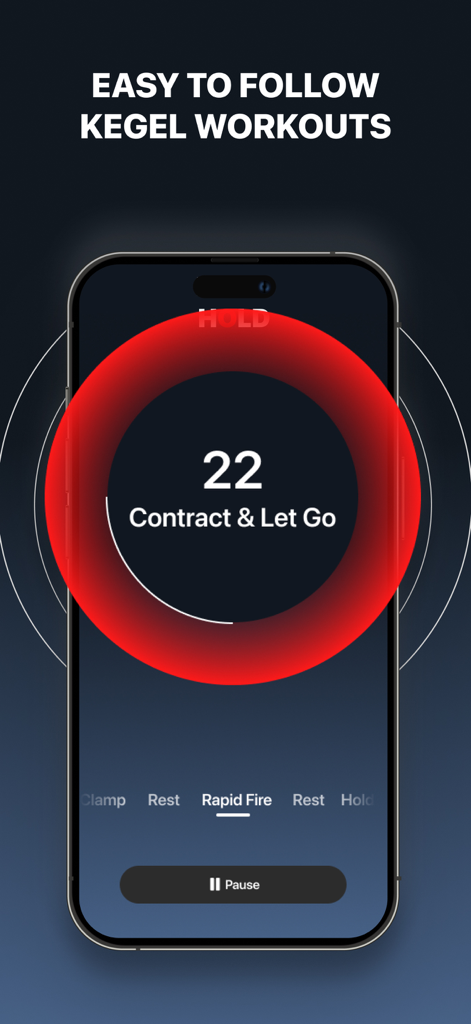 HOLD: Last Longer Kegels - Interface of the HOLD app showing a Kegel workout timer with instructions to contract and let go