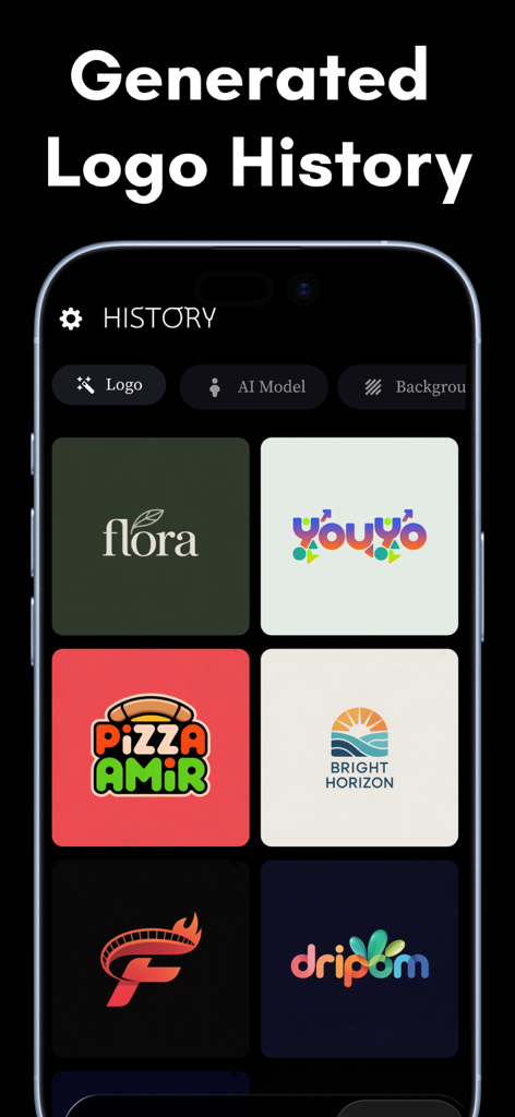 AI Logo Design - Brand Maker - Una visualizzazione galleria di loghi di brand generati nella cronologia dell'app AI Logo Design