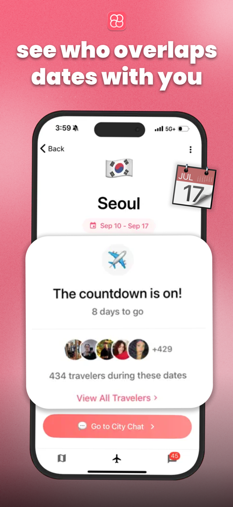 Nomadtable app screen showing a countdown for a trip to Seoul and the number of overlapping travelers visiting at the same time.