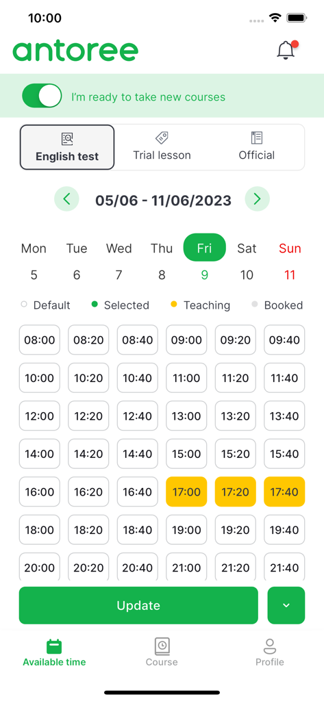 Antoree Teacher - Weekly schedule and time slot management interface in the Antoree Teacher app.