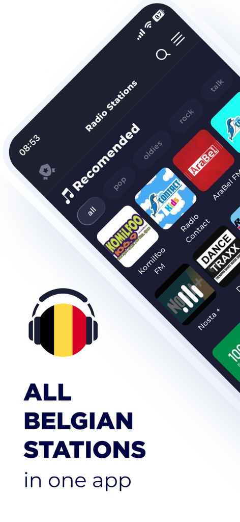 Radio Belgium FM Live Online - Interface of the Radio Belgium app showing various Belgian radio stations and the tagline all Belgian stations in one app.