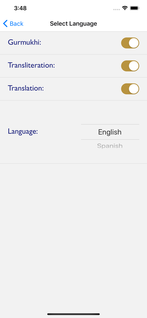 Japji for the Aquarian Age - Écran des paramètres de langue de l'application Japji pour l'Âge du Verseau montrant des interrupteurs pour Gurmukhi, Translitération et Traduction avec sélection de langue pour l'anglais et l'espagnol