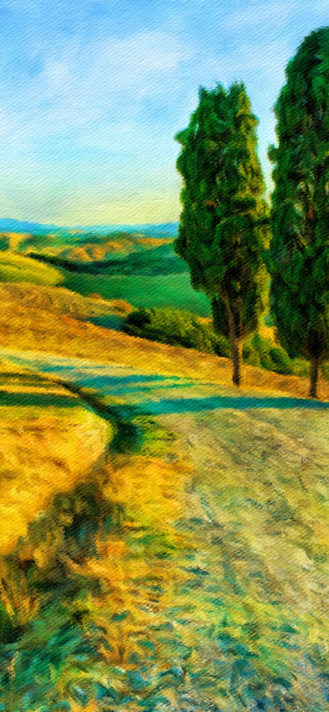 Artista Impresso - Pintura digital paisajística impresionista de un paisaje ondulado con cipreses