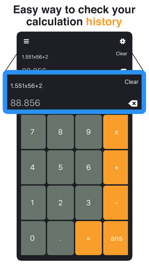 Screenshot of The Calculator Pro app highlighting the easy calculation history tracking feature