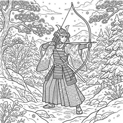 Step into a breathtaking scene where a powerful Archery Samurai stands ready in a serene winter wonderland. This intricate coloring page invites you to bring the cool beauty of a snowy Japanese landscape to life with your favorite colors.
