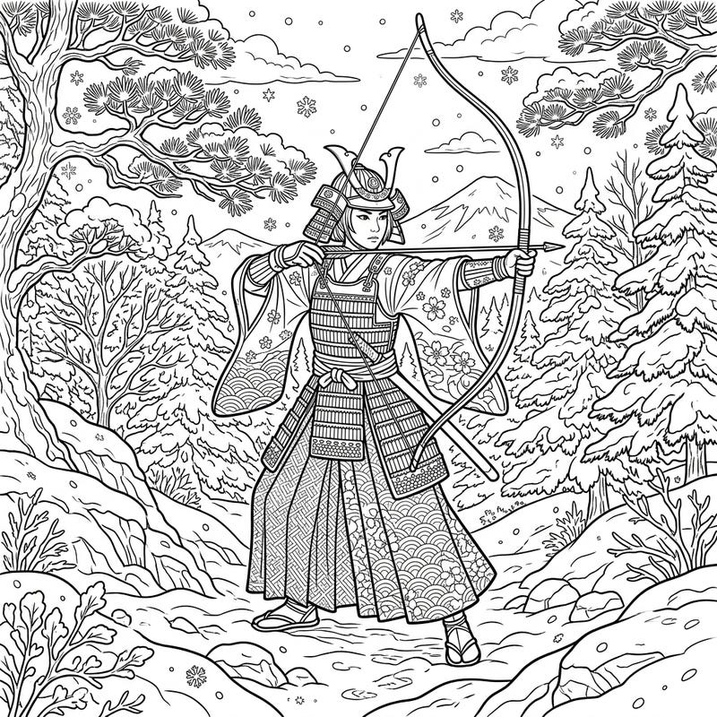 Step into a breathtaking scene where a powerful Archery Samurai stands ready in a serene winter wonderland. This intricate coloring page invites you to bring the cool beauty of a snowy Japanese landscape to life with your favorite colors.