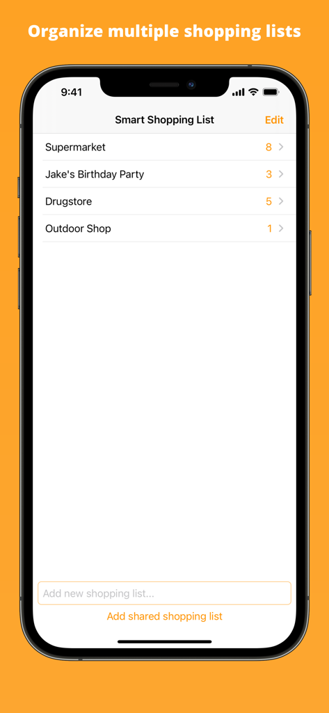 Smart Shopping List app interface showing multiple grocery and event lists on an iPhone
