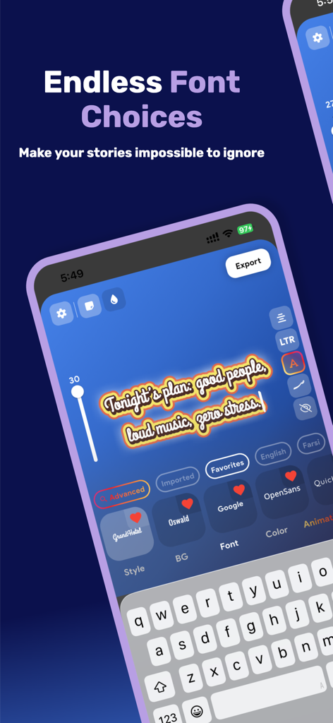 Fonta app screen showing stylized text and typography options for social media.
