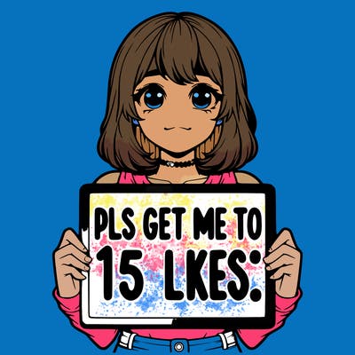 realistic girl holding up a sign that says “pls get me to 15 likes!”